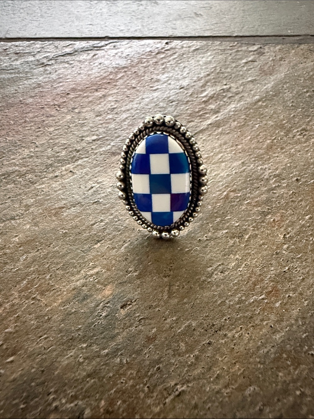 Blue & White Checkerboard Oval Sterling Silver Ring - NEW!